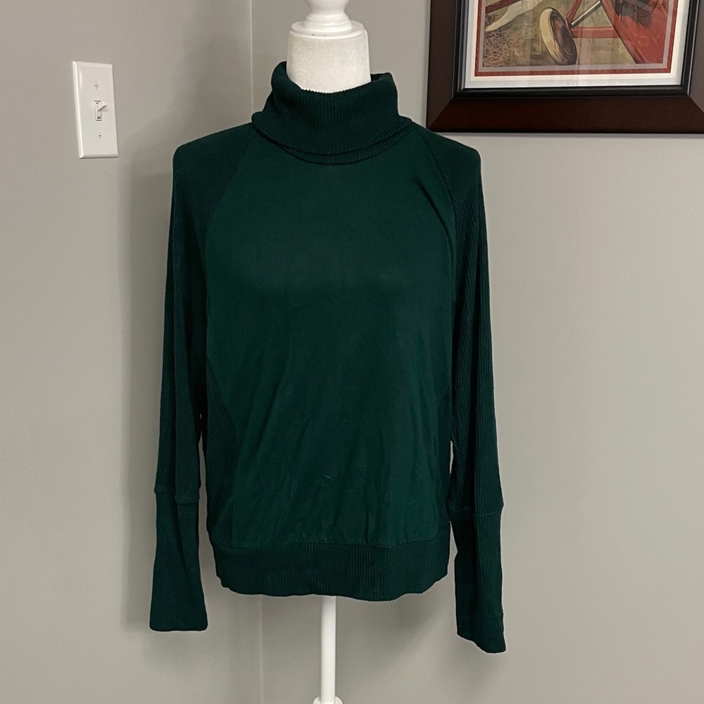 Evereve Forest Green Knit Sweater Turtleneck size Large Loose Cozy Comfy
